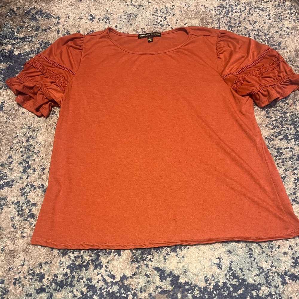 Always Indigo Burnt Orange Puff Sleeve Blouse Women's XL